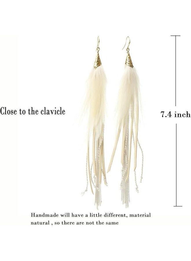 Badu Bohemian Feather Dangle Earrings for Women with Shell Beads Long Tassel Design Drop Earrings - Image 4
